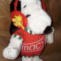 Vintage Macys Snoopy Holiday Plush w/ Woodstock Earmuffs 20" Christmas