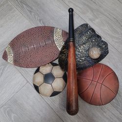 Football Soccer Baseball Bat, Basketball Metal Sports Game Kid Bed Room Wall Art