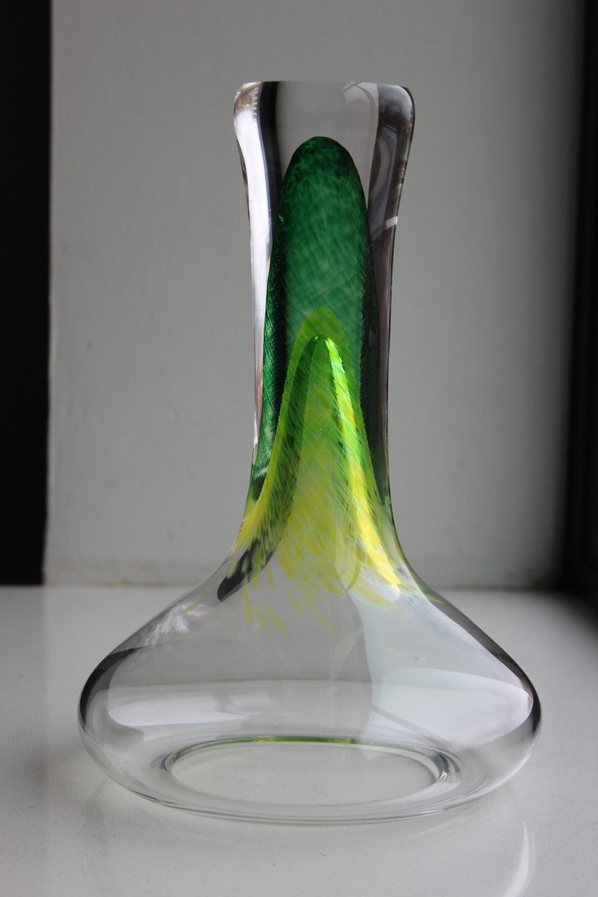 Laurie Thal Signed Tornado Series Art Glass Vase – Green & Gold, 12”