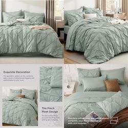 King Size Comforter Set Sage Green- Bedding Set King 7 Pieces, Pintuck Bed in a Bag Green Bed Set with Comforter, Sheets, Pillowcases & Shams
