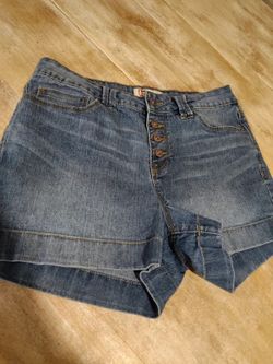 L.E.I. Denim Shorts, high rise, button flap, Size 9 junior