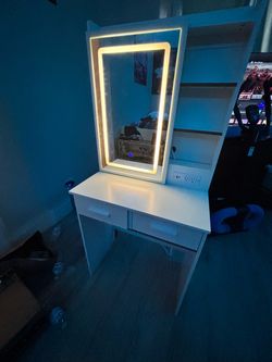 Small Vanity Desk with Mirror and Lights, Makeup Vanity Table with Power Outlet & 2 Drawers & 6 Shelves & Stool,Dressing Table Set for Bedroom, Bright
