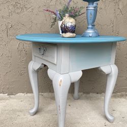 Oval Teal Grey Side Table With Drawer 