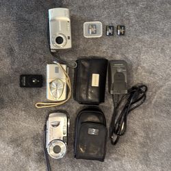 Olympus & Sony Digital Camera Lot – 3 Cameras + Charger + xD Memory Cards