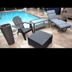 6pc Outdoor Pool Furniture Set Chaise Lounge Adirondack Chair Coffee Table End Table Planter Stand & Plant