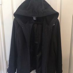 Women’s Black Charcoal Gray Wool Cashmere Jacket With Hoodie Size Large 