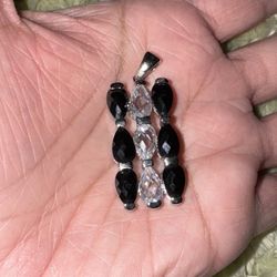 Vintage Beautiful Sterling Silver, Onyx & White Topaz Pendant (free chain w/purchase)