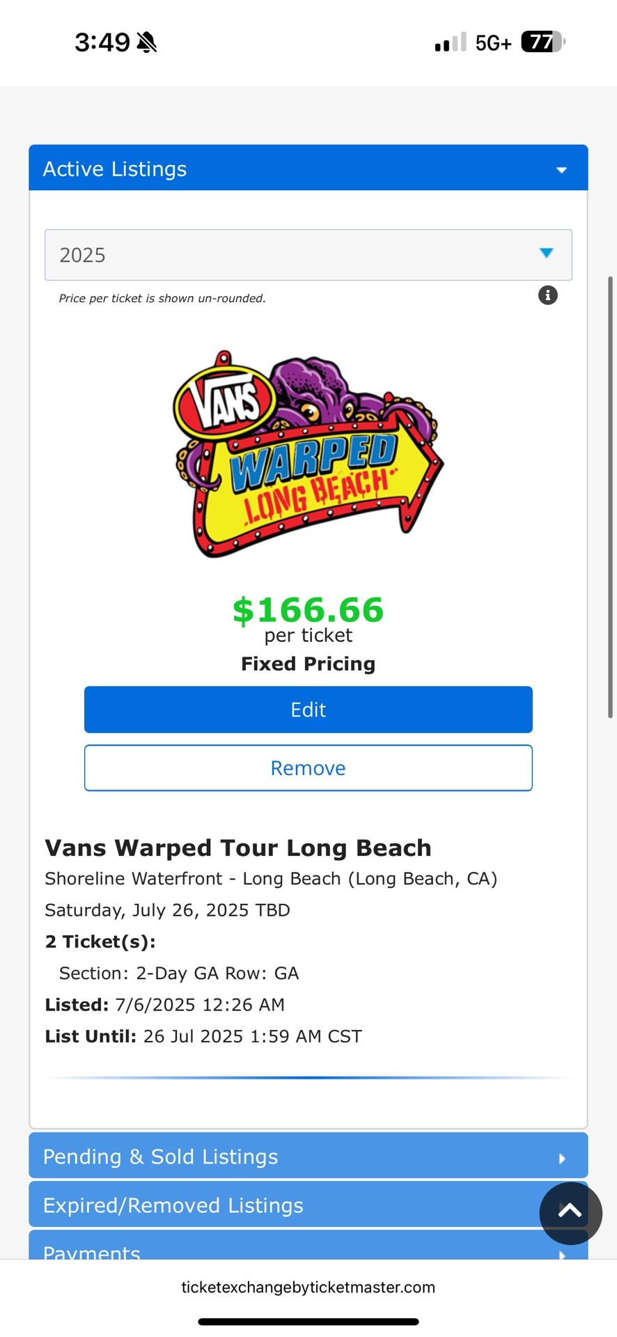 2 x (two) Warped Tour Long Beach GA Tickets