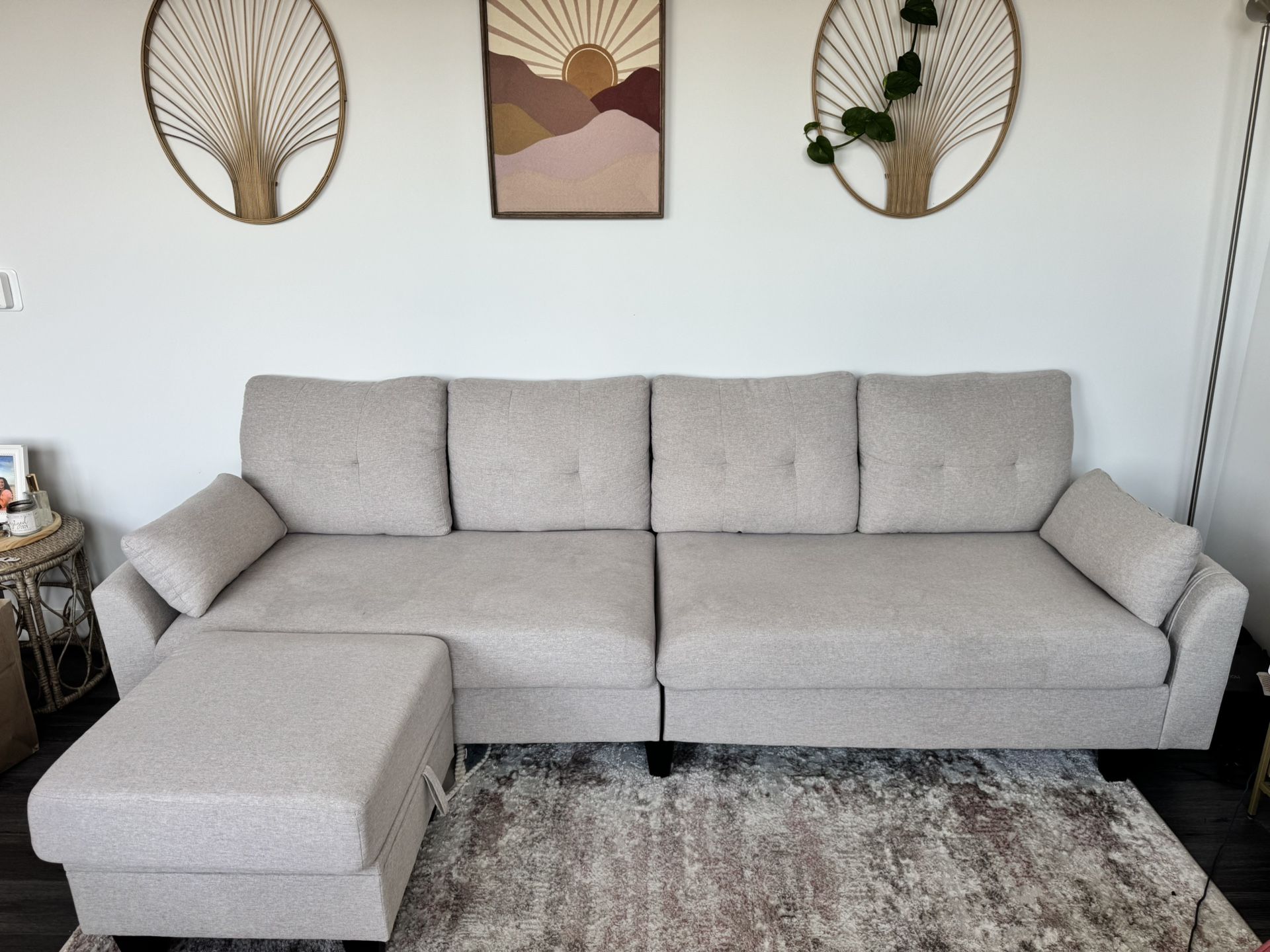 Jarenie Versatile 4 Seat L-Shaped Sectional Sofa with Reversible Storage Ottoman & Side Pockets
