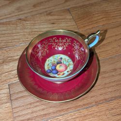 Vintage AYNSLEY English Bone China Cup & Saucer Burgundy Red Orchard Fruit