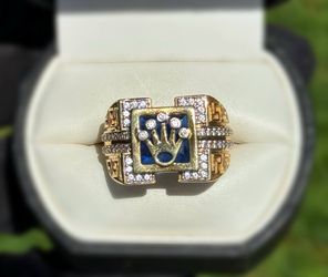 Jewelry 10k solid yellow gold blue sapphire white CZ stones 0.80CT crown Rolex ring size 10.75