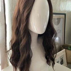 new NWOT medium length wavy dark brown synthetic wig no bangs 18 inches lace front panel halloween anime cosplay