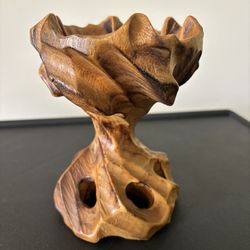 Vintage Brutalist Hand carved Wood Pedestal Trinket Candlestick Holder Stand 6”