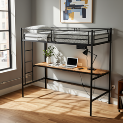 NALIYA Twin Metal Loft Bed Workstation with Long Desk and Charging Station in Black