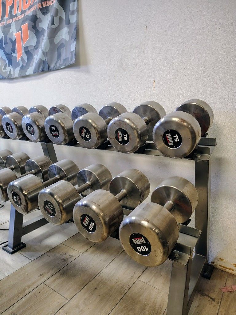 Intek Pro Style Kraft Raw Dumbbells 5lbs - 100lbs With Two Tier 2 Intek Storage Racks Commercial Gym