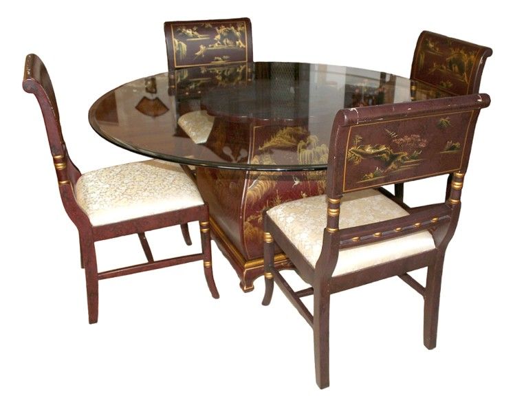 Amazing Hand Painted Chinese Glass Top Table with 6 Chairs Table 60"x30" - Chairs 19"x21"x38"