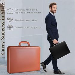Hard Case Leather Attache for Professionals，Business Briefcase with Lock for Men
