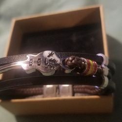 Men's Stainless Steel Black Brown Leather Bangle Bracelet Electric Guitar w/Box