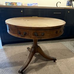 Antique Table with Leather Inlay & Brass Casters 