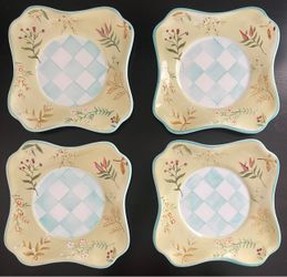 Set of 4 Capriware Square Hand-Painted Plates – 7 1/2" Dessert Plates, Yellow Floral & Blue Check
