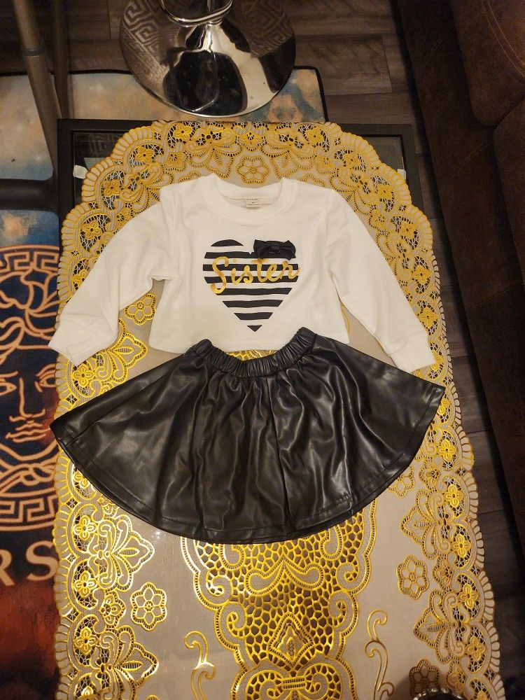 Toddler Cute Leather Skirt N Long Sleeve Top.