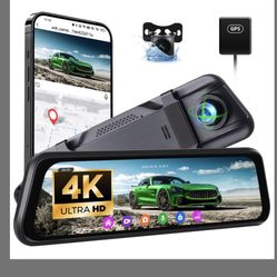 CAMECHO 9.66" 4K Mirror Dash Cam With ADAS, BSD And LCA, Rear View Mirror Camera With WiFi And GPS, Touch Screen Rearview Mirror Backup Camera, Night 