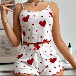 Women's 2PCS Heart Print Pajamas Set Tank Top & Shorts.