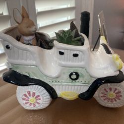 Perfect Succulent Planter- Vintage 7" Ceramic Car Planter 1903 Cadillac Pink Wheels Japan