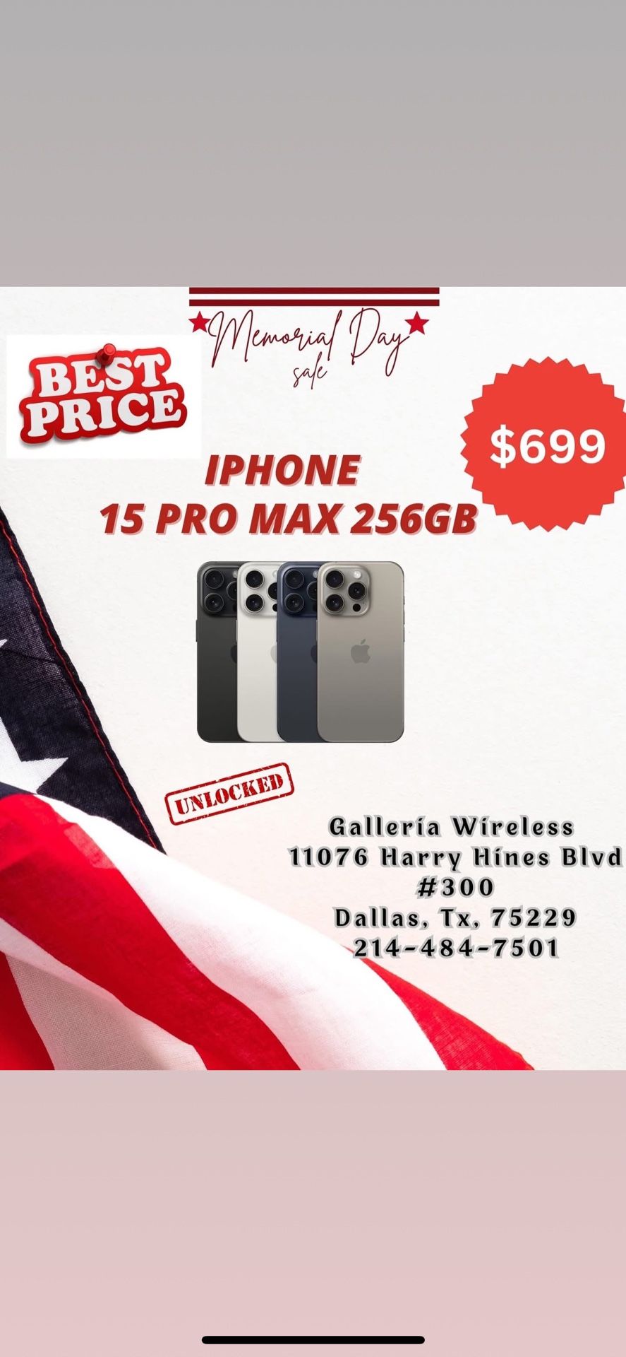 Special Deal- iPhone 15 Pro Max 256 Gb Unlocked