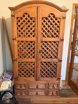 Large Wood Armoire with Lattice Doors