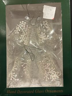 Mouth Blown Clear Glass with White Glitter Branch Design Set of 4 – 3” high