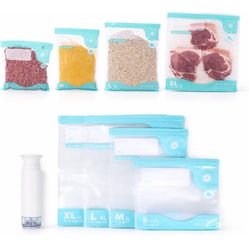 Vacuum Seal Bags Reusable, BPA Free, 30 Pack Ziplock Food Storage Bags with Hand Pump (S 9pcs, M 6pcs, L 6pcs, XL 9pcs)