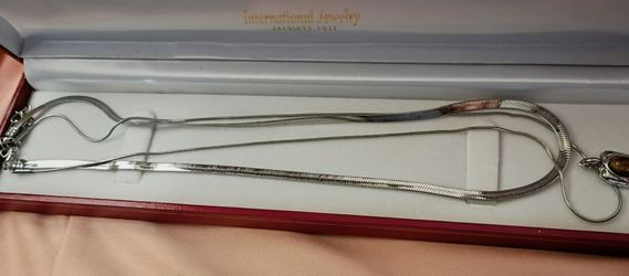 Silver Herringbone Chain Necklace with Stone Pendant