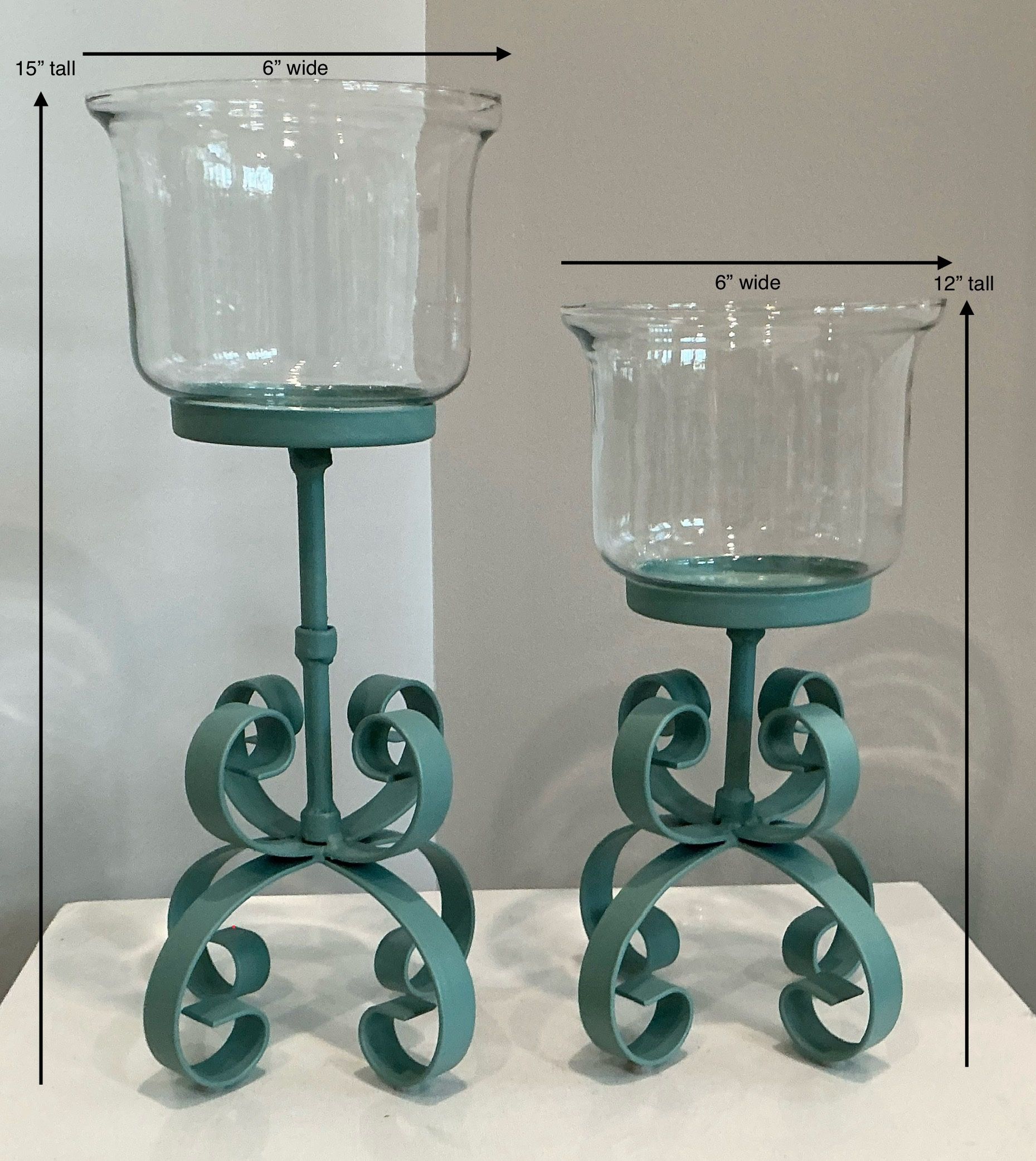 Pair of Freshly Painted Coastal Sage Metal with Glass Globe Candleholders