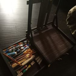 Solid Wood Easel With Lots Of Paint Brushes and Lot Of Paint
