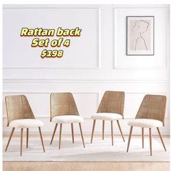 😀set Of 4  Rattan Back Dining Chairs,Upholstered Boucle Kitchen Chairs,Mid Century Modern Dining Room Chairs