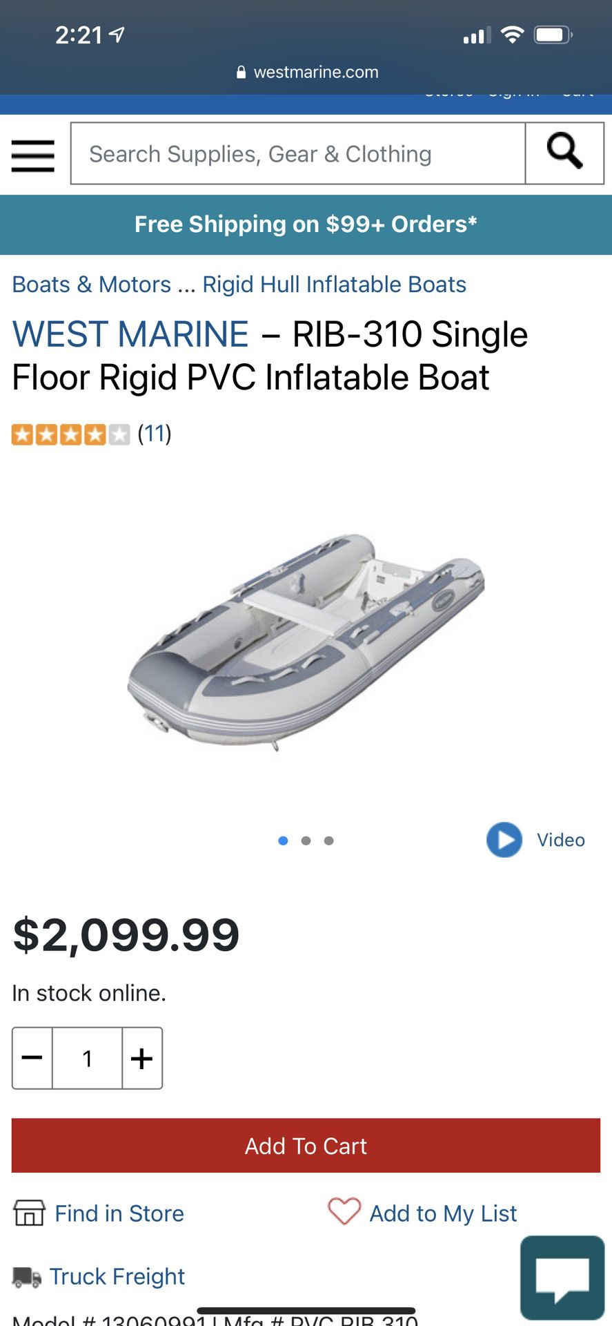 WEST MARINE–RIB-310 Single Floor Rigid PVC Inflatable Boat