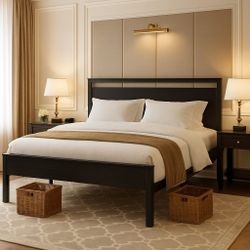 King Bed Metal Platform Bed Frame with Wooden Headboard and Footboard, Mattress Foundation, No Box Spring Needed, Large Under Bed Storage,Black Oak