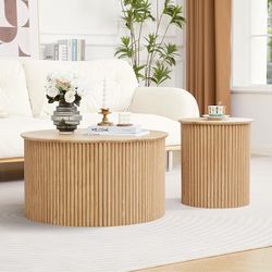 Round Nesting Coffee Table Set of 2, Mid Century Modern Wood Coffee Tables and End Table Set, Circle Side Table Minimalist Center Tables for Living Ro
