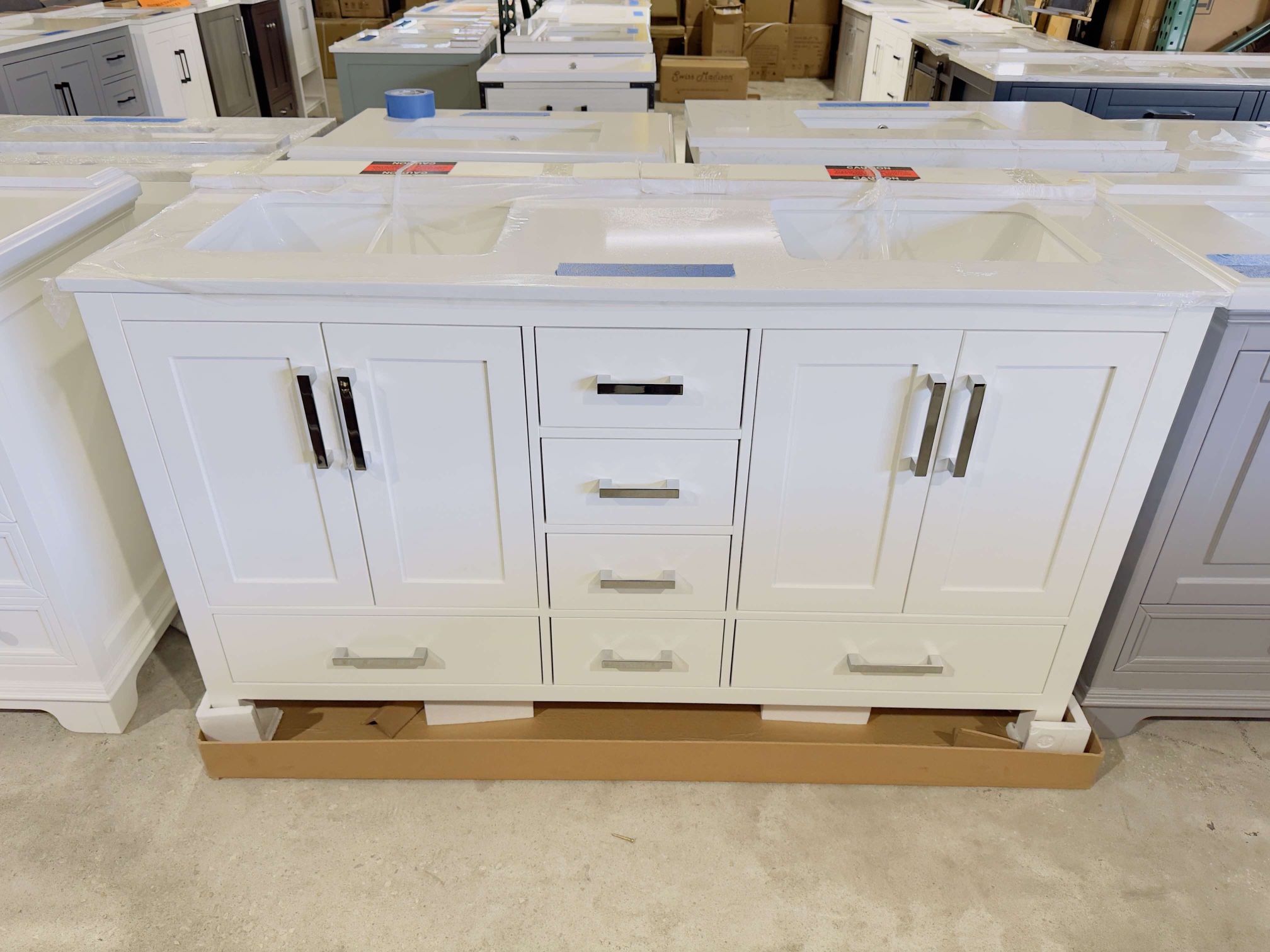 Brand New Bathroom Vanity 60” in White, double sink soft close solid wood with marble top in white $799