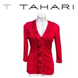 T Tahari Long Red Cardigan with Pockets & Ribbon Detail Size Small