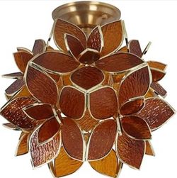 New 12in Tiffany Stained Glass Close to Ceiling Light Petals Amber Flush Mount Dimmable E26