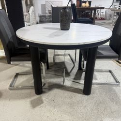 Round Marble Dining Table Set – Black Base w/ Gray Chairs