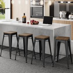 30" Metal Bar Stools Set of 4 Stackable Counter Height Barstools Backless Industrial Kitchen Bar Chairs with Wooden Seat-Matte Black