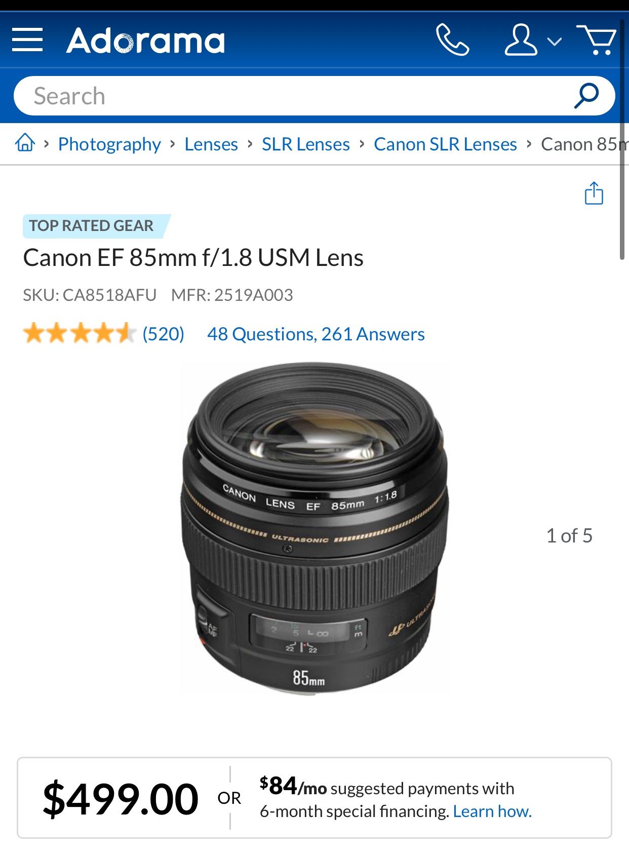 Canon EF 85mm f/1.8 Lense