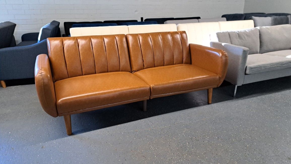 New Modern Futon Sofa Faux Leather Camel See Pictures For Dimensions 