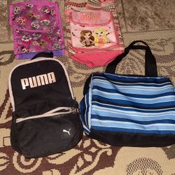 Assorted Lunchboxes: Blue Striped , Black And pink Puma, Lol Dolls, Bratz