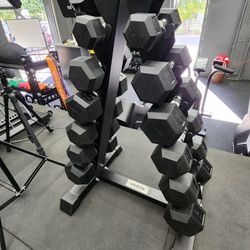 ✔️ RUBBER COATED HEX DUMBBELLS 5 LBS TO 30 LBS WITH VERY SOLID A-FRAME RACK ( BRAND NEW IN THE BOX  )