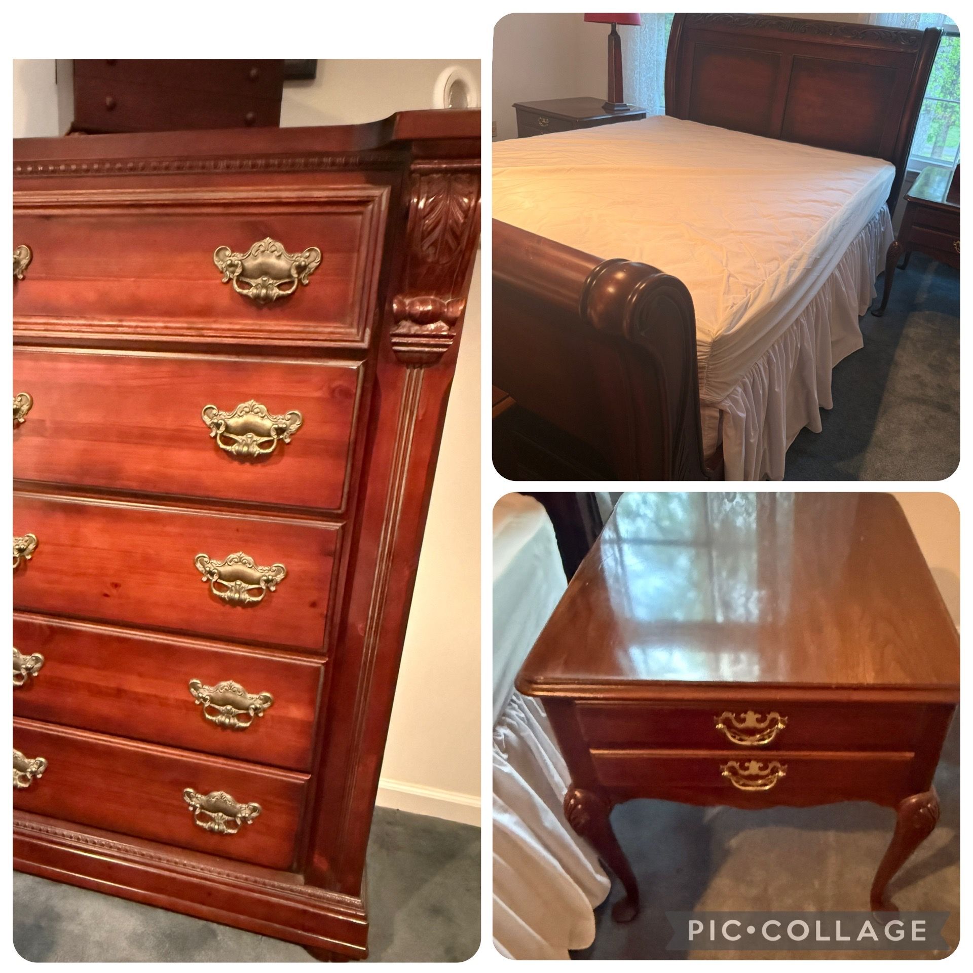 Gorgeous queen size bedroom set. Includes dresser, nightstands and mattress.