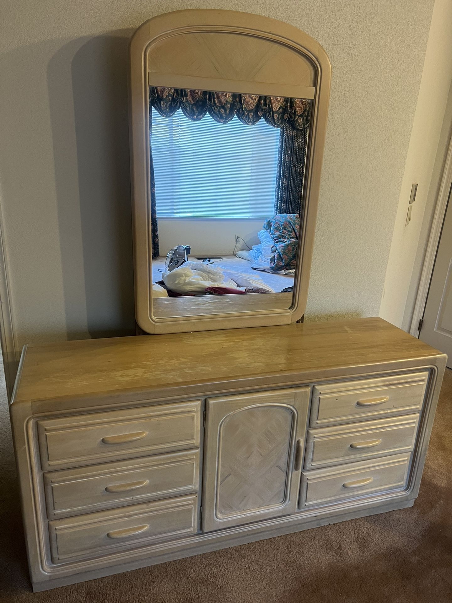 Wooden White Oak Dresser With Attached Mirror